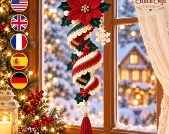 Christmas Crochet Wind Spinner Pattern PDF, Poinsettia Holly Spiral Ornament, Holiday Window Hanging Decor