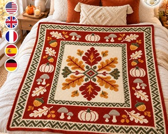 Fall Crochet Blanket Pattern PDF, Autumn Harvest Afghan with Pumpkins, Mushrooms, Acorns, Leaves and Geometric Border Decor