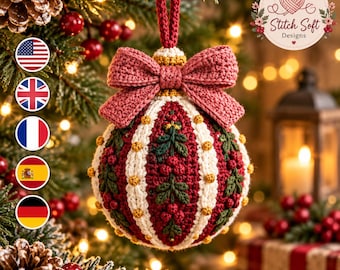 Christmas Ornament Crochet Pattern PDF, Berry and Bow Bauble, Holly Berry Christmas Tree Decoration, Holiday Crochet Pattern