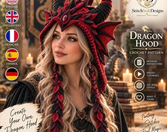 Dragon Hood Crochet Pattern PDF, Fantasy Cosplay Hood for Adults with Curved Horns, Layered Scale Crest, Wings and Tassel Ties