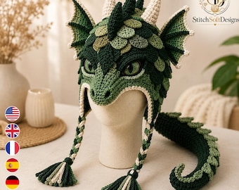 Dragon Hat Crochet Pattern PDF — Adult Fantasy Beanie with Sculpted Face, Layered Scales, Seven Horns, Wings and Braided Earflaps
