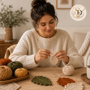 Female crochet artisan at a wooden table making a cream oak-leaf coaster with cotton yarn and crochet hook, with finished leaf coasters nearby.
