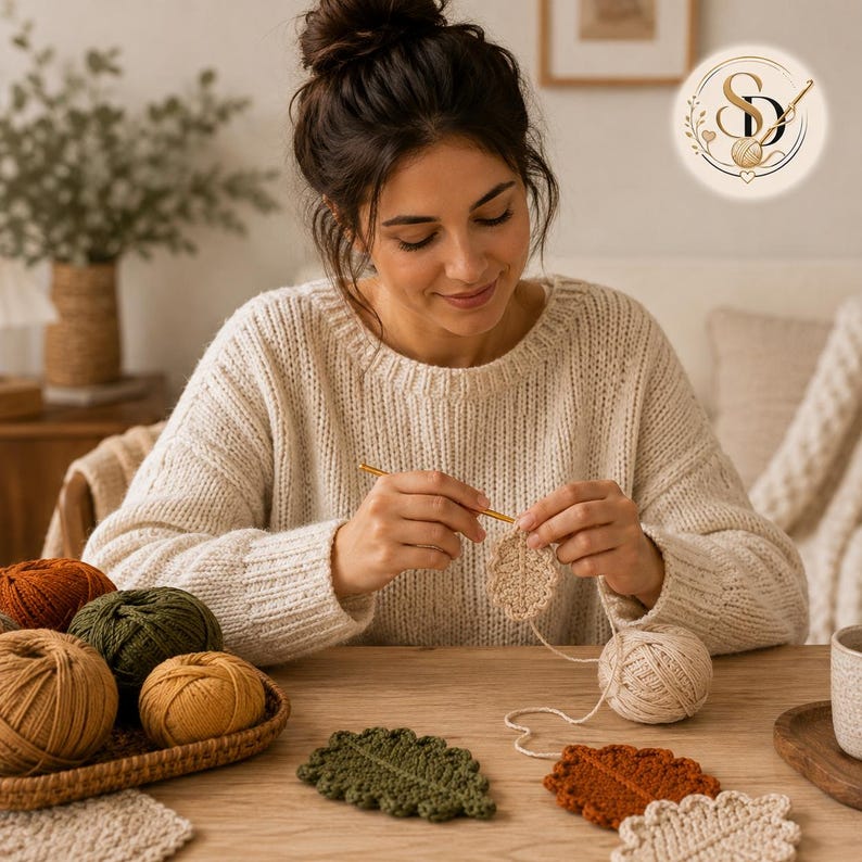 Female crochet artisan at a wooden table making a cream oak-leaf coaster with cotton yarn and crochet hook, with finished leaf coasters nearby.