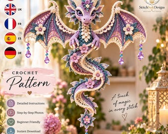 Dragon Crochet Wind Spinner Pattern PDF, Moonpetal Floral Dragon Hanging Decor, Fantasy Home Ornament Tutorial for Intermediate Makers