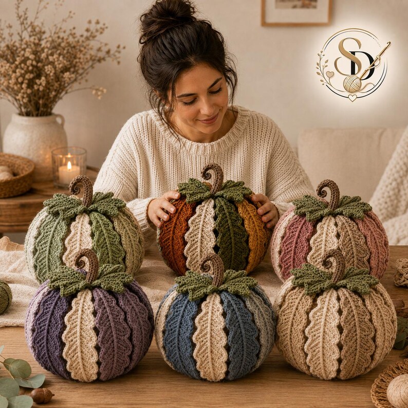 Six finished crochet leaf pumpkins displayed together in autumn, sage, pink, purple, blue and neutral color variations with the artisan behind them.