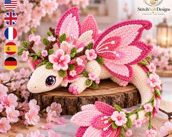 Cherry Blossom Dragon Crochet Pattern PDF, Floral Amigurumi Dragon with Layered Wings, Fantasy Plush Digital Pattern, US Terms