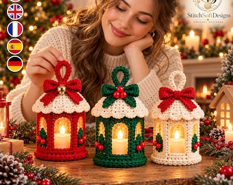 Christmas Crochet Lantern Pattern PDF | Handmade Light Up Table Decoration with Four Open Windows and Oversized Bow | Instant Download