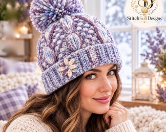 Crochet Beanie Pattern PDF, Adult Chunky Winter Hat, Lavender Blue Pom Pom Beanie with Raised Texture and Crochet Flower Detail