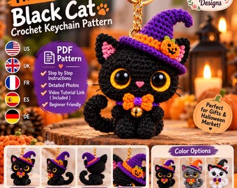 Black Cat Crochet Pattern PDF, Halloween Witch Cat Amigurumi, Cute Pumpkin Kitty Keychain, Kawaii Crochet Tutorial