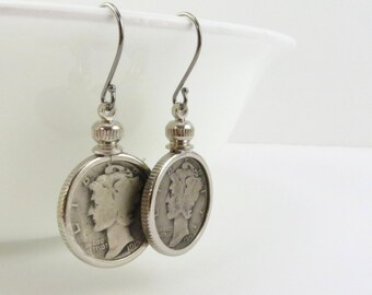 EBX06-02: Mercury dime earrings, Liberty Head dimes, coin earrings, silver earrings, lucky charms, Winged Liberty