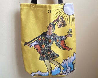 The Fool Tarot card canvas tote bag, bright yellow tote bag, polyester canvas tote, gym bag, personal bag, shoulder bag, magick, organizer