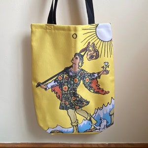 The Fool Tarot card canvas tote bag, bright yellow tote bag, polyester canvas tote, gym bag, personal bag, shoulder bag, magick, organizer image 1