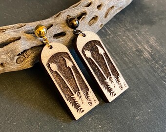 Laser engraved moss earrings, Polytrichum, wooden dangle & drop, gold or gunmetal ear wires