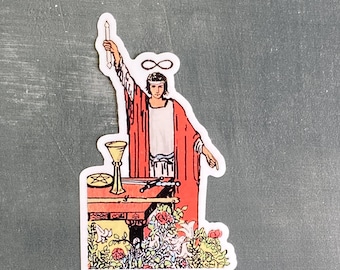 The Magician Tarot Card Vinyl Sticker: 4", durable, waterproof, dishwasher safe