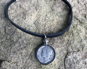 ABX06-04:  Mercury Dime Anklet, black leather cord, silver chain extender, adjustable anklet, good luck anklet, mercury dime jewelry, coin