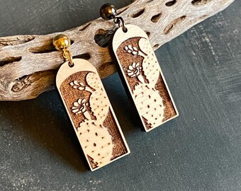 Prickly pear, opuntia, cactus earrings, cacti, wooden dangle & drop, gold or gunmetal ear wires