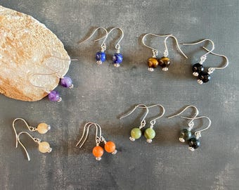 Semiprecious stone earrings: amethyst, lapis lazuli, onyx, serpentine, dolomite, marble, tigers eye, calcite gems