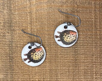 Puffer fish, birdbeak burrfish, cyclichthys orbicularis, enameled fish earrings, Sterling silver ear wires, vintage image, natural history