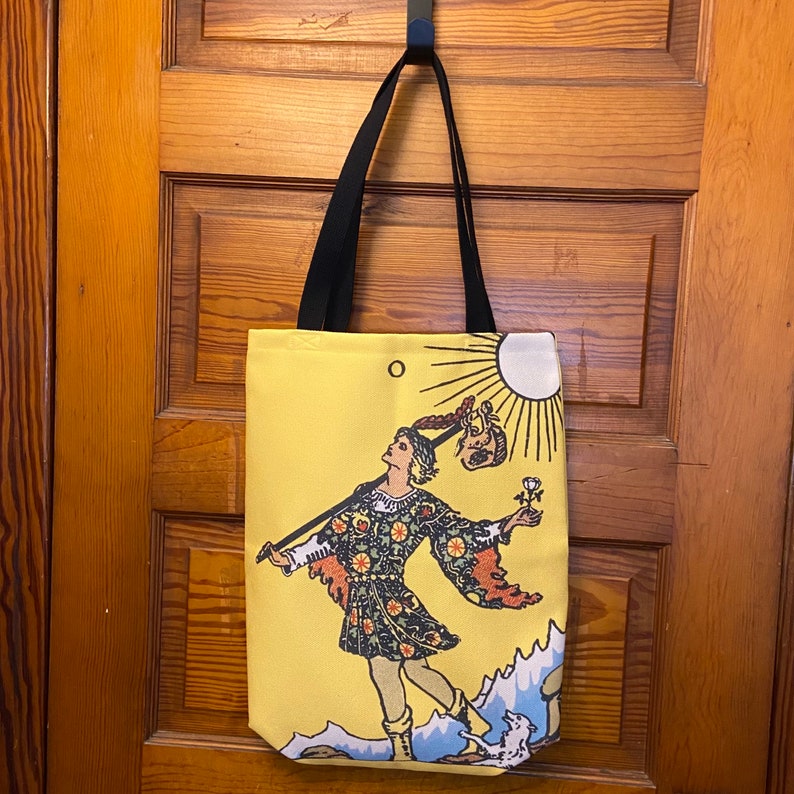 The Fool Tarot card canvas tote bag, bright yellow tote bag, polyester canvas tote, gym bag, personal bag, shoulder bag, magick, organizer image 2