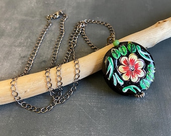 Floral Glass Pendant Necklace: Boho Antiqued Copper Chain