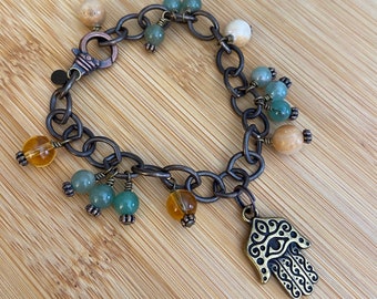 Hamsa Charm Bracelet: Aventurine, Calcite, Natural Brass , For good luck & protection