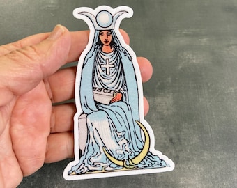 The High Priestess Tarot Card Vinyl Sticker: 4", durable, waterproof, dishwasher safe