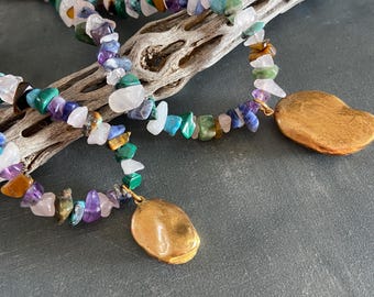 Gold mojo African wishing bean necklace with multiple semiprecious stone chips, gold plated clasp