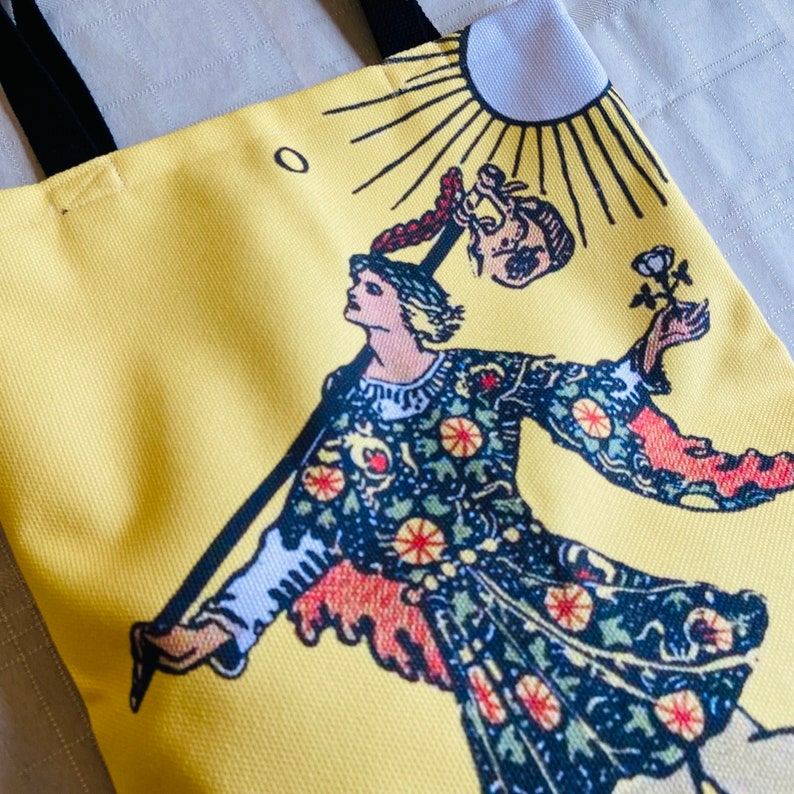 The Fool Tarot card canvas tote bag, bright yellow tote bag, polyester canvas tote, gym bag, personal bag, shoulder bag, magick, organizer image 4