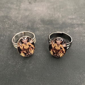 May include: Two adjustable silver rings with an oval-shaped image of a horned figure. The image has a tan background with a dark brown figure and other figures. The rings have a triple band design.