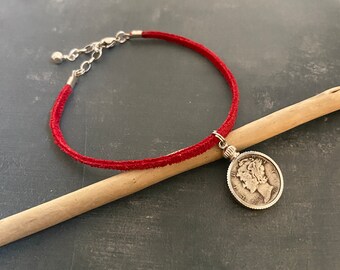 Red suede mercury dime anklet, stainless steel extender, protective amulet, #mojo, hoodoo, #luck, magic, magick