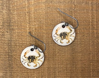 Lady Crab enameled earrings, ovalipes ocellatus,  crabby jewelry, Sterling silver ear wires, vintage art, natural history, enamel, #sciart