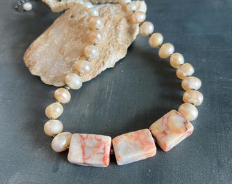 Peach Pearl Necklace: Redline Marble & Gunmetal Bead accents, single stranded #pearls