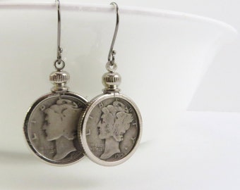 Mercury Dime Earrings, Liberty Head silver coin jewelry. Lucky talisman.