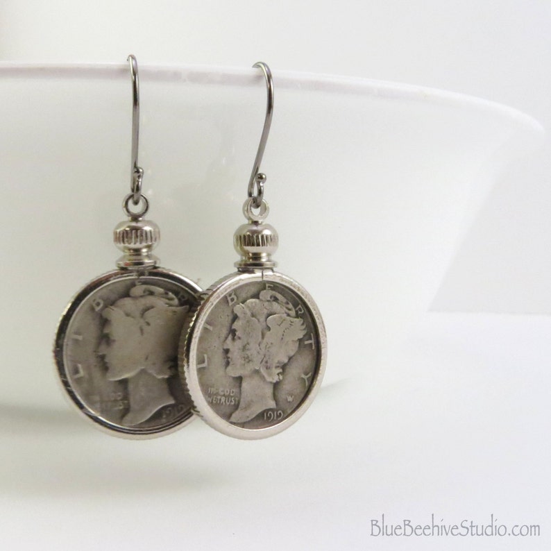 Mercury dime earrings, Liberty Head dimes, coin earrings, silver earrings, lucky charms, Winged Liberty, hoodoo, dime earrings, silver coins image 2