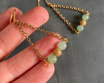 Green aventurine trapeze earrings, gold ear wire