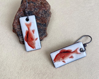 Red Snapper Fish Earrings: Enameled Sterling Silver Natural History Jewelry
