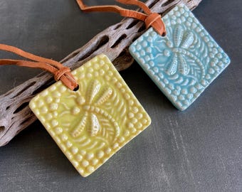 Porcelain square dragonfly pendant on leather cord, yellow/green or blue, insect jewelry
