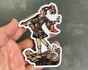 The Fool Tarot Card Vinyl Sticker: 4", durable, waterproof, dishwasher safe
