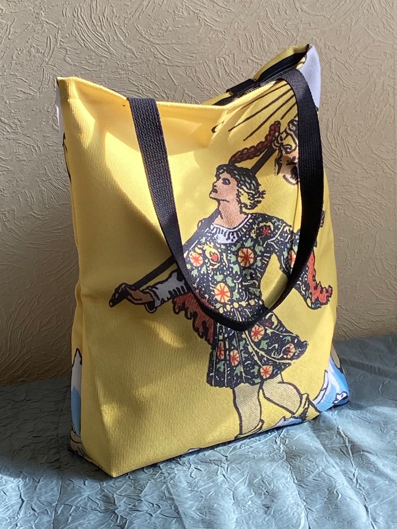 The Fool Tarot card canvas tote bag, bright yellow tote bag, polyester canvas tote, gym bag, personal bag, shoulder bag, magick, organizer image 3