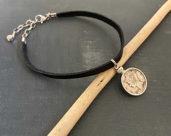 Black leather mercury dime anklet, stainless steel extender, protective amulet, #mojo, hoodoo, #luck, magic, magick