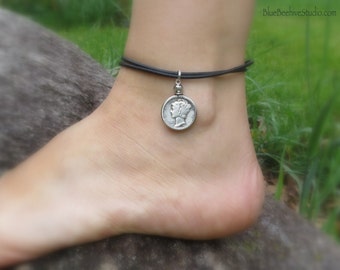 Mercury Dime leather adjustable Anklet, Liberty Head jewelry, coin lucky charm, Winged Liberty, black, silver, leap year or non-leap year