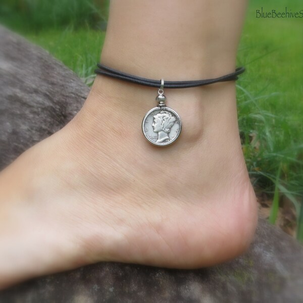 Mercury Dime leather adjustable Anklet, Liberty Head jewelry, coin lucky charm, Winged Liberty, black, silver, leap year or non-leap year