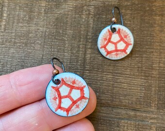 Red Pollen Grain Earrings: Enamel SciArt Jewelry, Niobium Dangle Drop