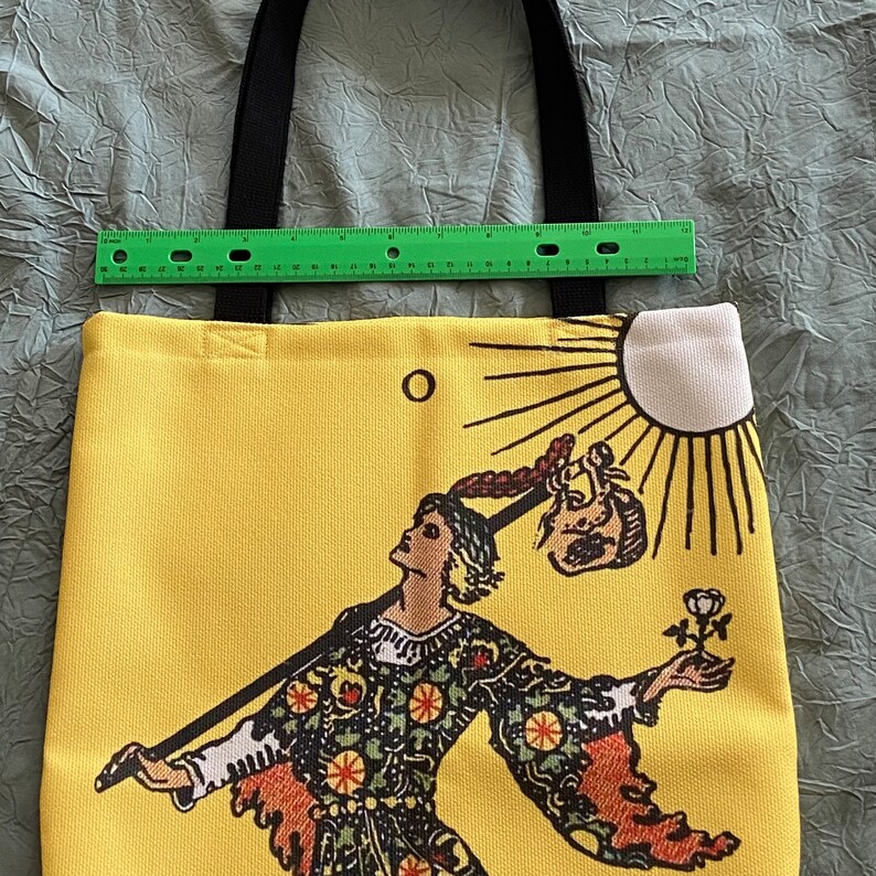 The Fool Tarot card canvas tote bag, bright yellow tote bag, polyester canvas tote, gym bag, personal bag, shoulder bag, magick, organizer image 6