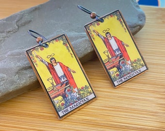 The Magician Tarot Card Earrings: Copper Rider-Waite Jewelry with niobium ear wires