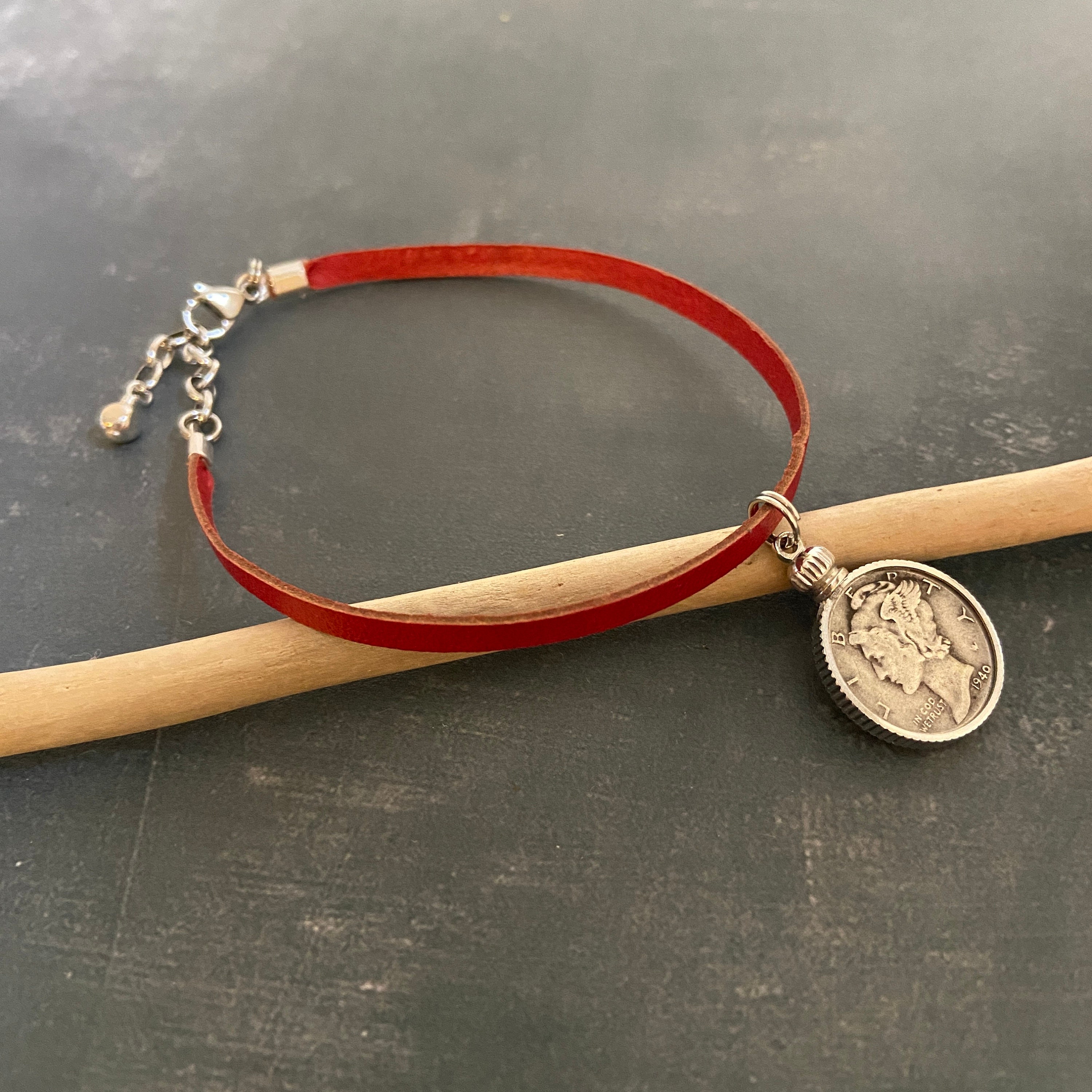 Red Leather Mercury Dime Anklet. Liberty Head dime, coin jewelry, lucky talisman
