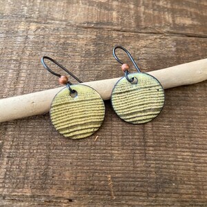 May include: A pair of green and black enamel earrings with a striped pattern. The earrings are round and have a simple wire hook.