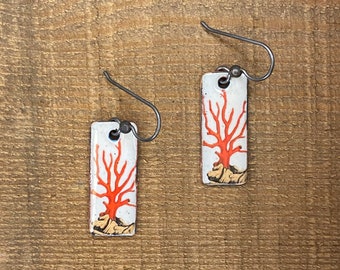 Red coral enameled earrings, Corallium rubrum, Sterling silver ear wires, handmade in Ohio, vintage image, natural history