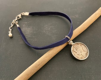 Blue leather mercury dime anklet, stainless steel extender, protective amulet, #mojo, hoodoo, #luck, magic, magick