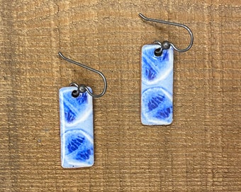 Enameled meiosis earrings, DNA cellular reproduction, #sciart, science earrings, Sterling silver ear wires, scientist, cell division, blue